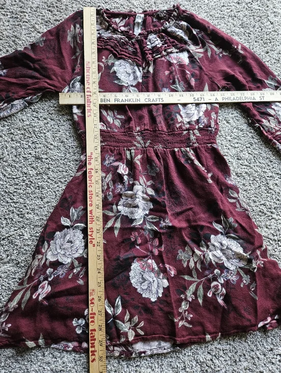 American Rag Burgundy Floral Long Sleeve Smocked Waist Mini Dress Peasant Boho - Picture 10 of 11